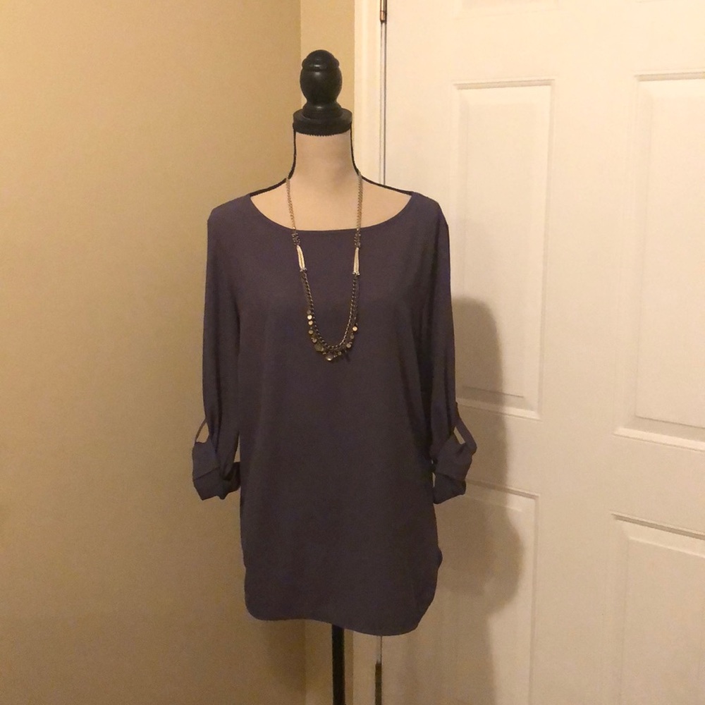 Ann Taylor grey mixed media blouse size L EUC